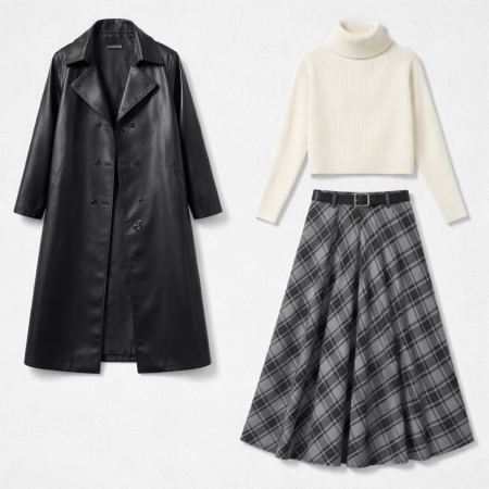 تنسيقة ترانش جلد+تنورة +جولڤ