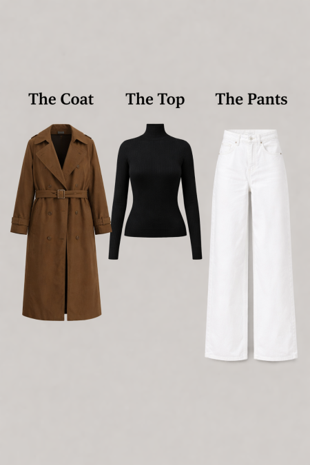 تنسيقة زارا كوت +بلوز هاي نيك+بنطلون جينز ابيض