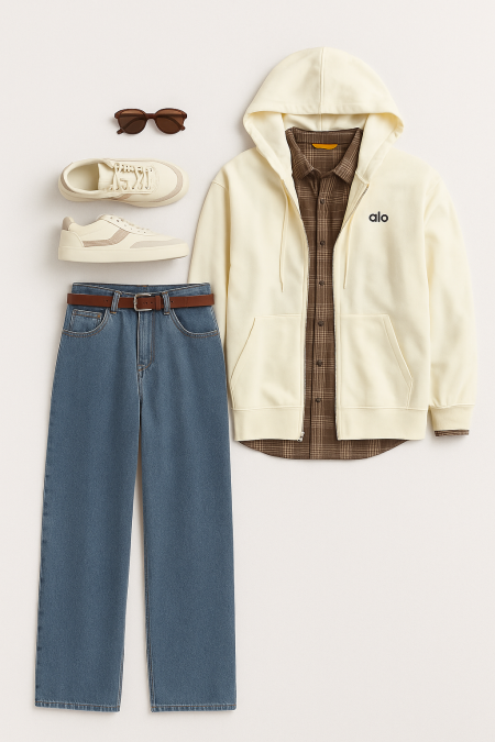 تنسيقة جكيت alo+قميص كروهات +بنطلون وايد ليج