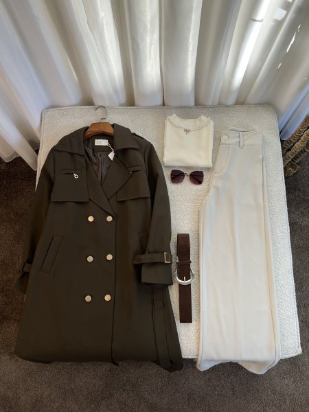 تنسيقة ترانش + بنطلون + قشاط + توب